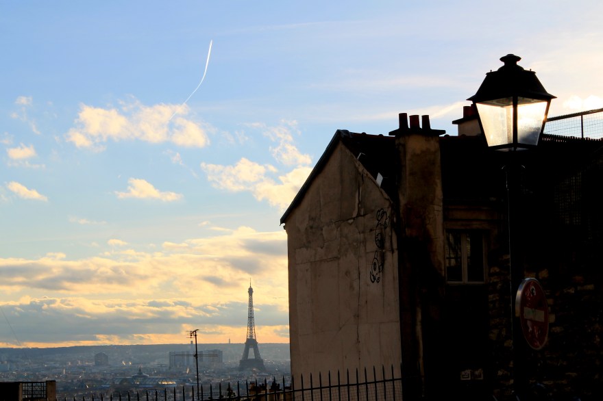paris eiffel tower in distance sunset